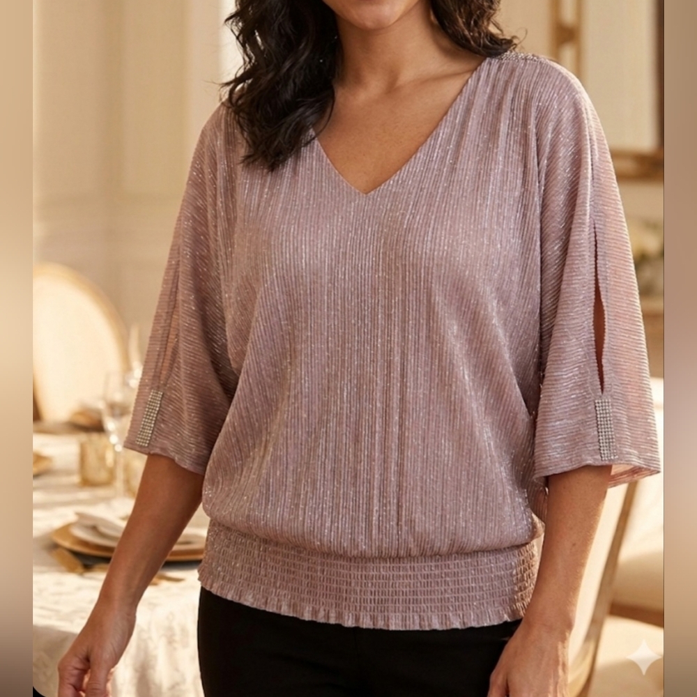 🌷Women's Shimmery Mauve V-Neck Blouson Top🌷size:L